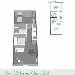 3D floor plan of a one-bedroom, one-bathroom apartment.
