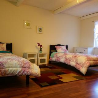 A cozy bedroom with twin beds, colorful bedding, and a vibrant rug on a wooden floor.