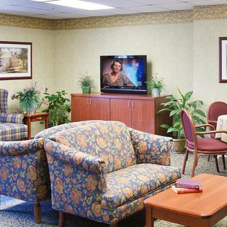 A cozy waiting room with comfortable seating, a television, and decorative plants.