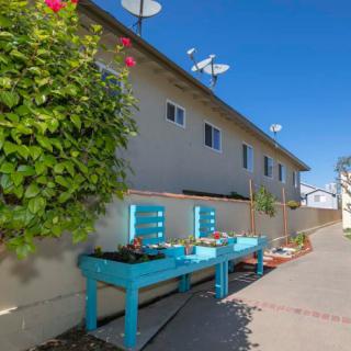 A bright outdoor area with turquoise benches and plants against a building under a clear blue sky.