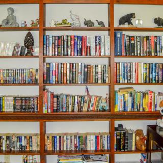 A well-organized bookshelf with a diverse collection of books and decorative items.