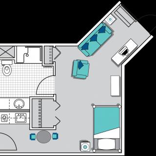 A detailed floor plan of a small apartment featuring a living area, kitchen, bathroom, and bedroom.