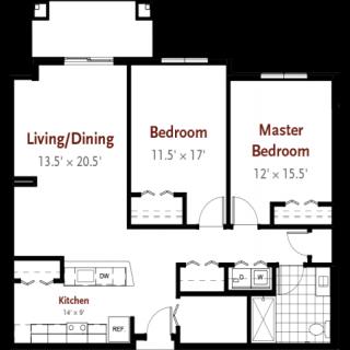 Floor plan of an apartment with labeled rooms and dimensions.