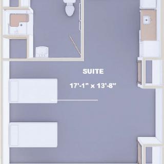Floor plan of a suite with two beds and an attached bathroom.
