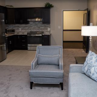 A modern apartment with a cozy living area and a connected kitchen.