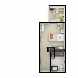 One-bedroom apartment floor plan with bedroom, bathroom, kitchen, and living area.