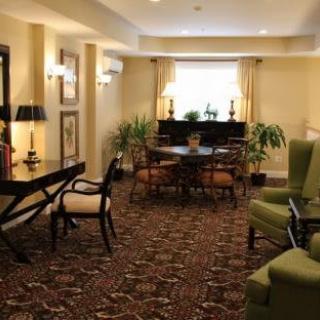 A cozy living room featuring traditional decor with elegant furniture and lush plants.