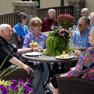A joyful outdoor gathering of seniors enjoying food and conversation.