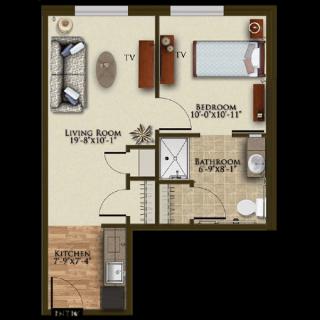 A floor plan of a one-bedroom apartment with designated areas for a living room, kitchen, bedroom, and bathroom.