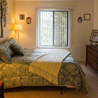 A cozy bedroom with a neatly made bed, warm lighting from a lamp, and natural light streaming through the window.