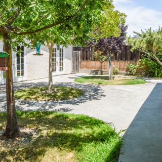 A sunny backyard with a garden, trees, and a paved pathway leading to the house.