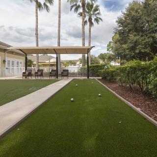 A well-maintained backyard with a lawn, patio area, and palm trees.