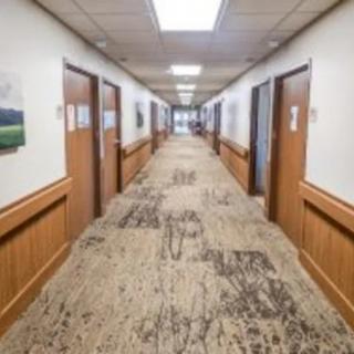 A hallway with several doors and a patterned carpet.