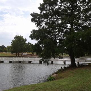 A serene view of a river with a bridge and lush greenery in a park.