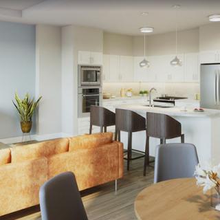 A modern open-concept kitchen and living area featuring sleek furnishings and contemporary decor.