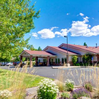 A charming building surrounded by lush greenery and a clear blue sky with clouds.