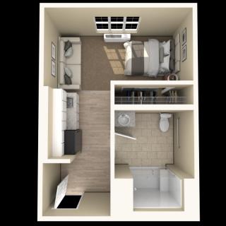 3D floor plan of a studio apartment layout.