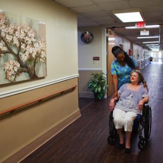 A caregiver assists a patient in a wheelchair down the hallway of a nursing home, with decorative artwork on the walls.