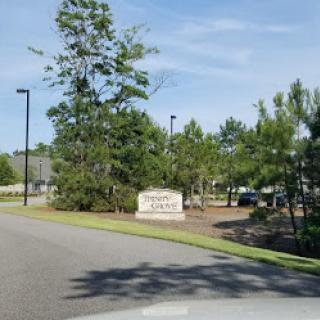 A view of a road leading towards a sign amidst trees on a sunny day.