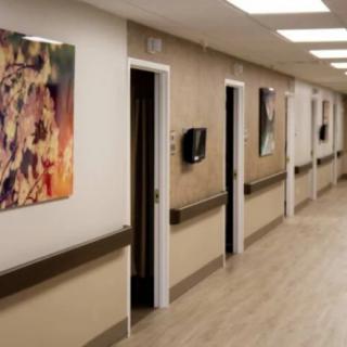 A healthcare facility hallway lined with doors and colorful artwork on the walls.