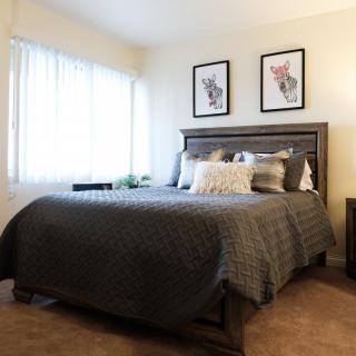 A cozy bedroom with a stylish bed and framed artwork on the wall.