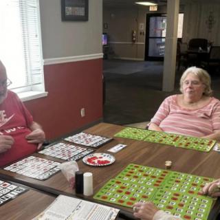 A group of seniors enjoying a game of bingo indoors.
