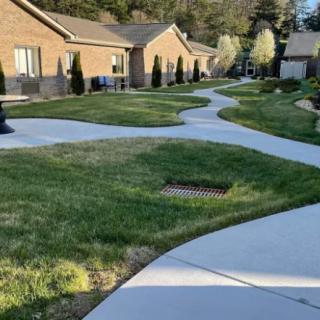 A winding sidewalk through a residential area with grass and trees.