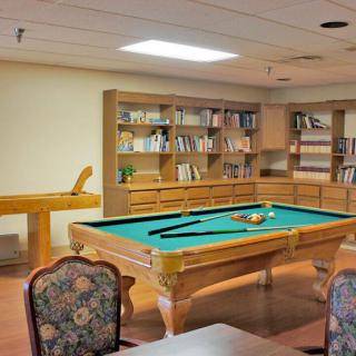 A cozy recreation room featuring a pool table and bookshelves filled with books.