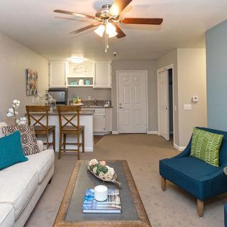 A cozy apartment living room with modern decor and a view of the kitchen area.