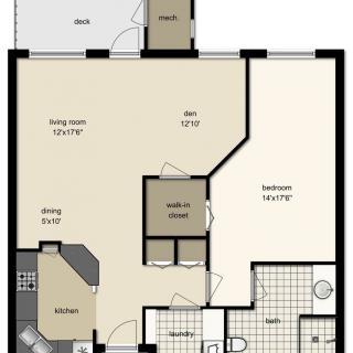 A floor plan depicting a residential layout with labeled rooms including a living room, den, bedroom, kitchen, and deck.