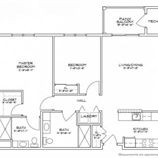 A floor plan of a residential apartment showing two bedrooms, a kitchen, living room, and utility areas.