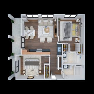 A 3D rendered floor plan showcasing a modern home layout, including a living room, kitchen, dining area, and bedrooms.