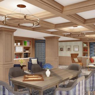 A cozy and modern library interior with wooden accents, featuring bookshelves, comfortable seating, and stylish lighting.