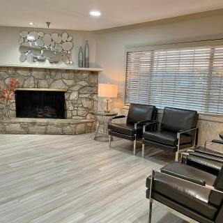 A modern and minimalist living room featuring a stone fireplace and sleek black seating.