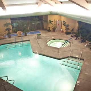 A serene indoor swimming pool area featuring a hot tub surrounded by palm trees, ideal for relaxation.