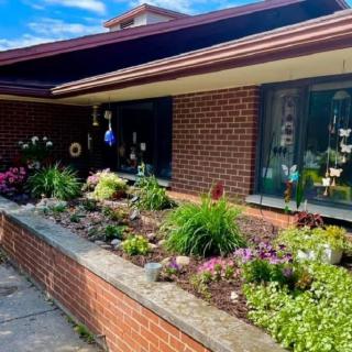 A colorful garden in front of a brick building with vibrant flowers and greenery.