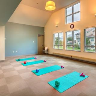 A serene yoga studio equipped with mats and small weights, bathed in natural light from large windows.