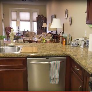 Open kitchen area with a view into the living room, featuring a granite countertop, stainless steel dishwasher, and various furnishings.