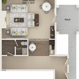 A detailed floor plan of an apartment featuring a living room, kitchen, bathroom, bedroom, and balcony.
