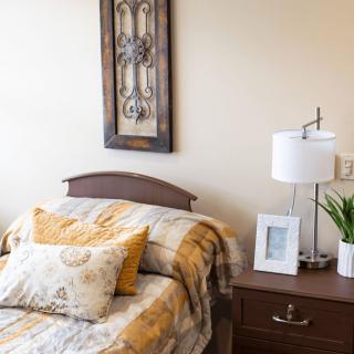A cozy bedroom featuring a neatly made bed with patterned cushions, a wooden nightstand with a lamp, framed pictures, and a decorative plant.