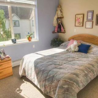 A cozy bedroom with a sunlit window, decorated with plants and artwork.