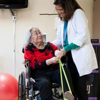 A healthcare professional assists an elderly woman in a wheelchair with physical therapy exercises using resistance bands.