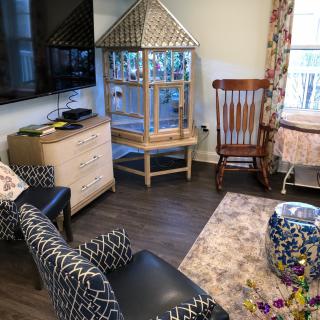 A cozy living room with a large birdcage, rocking chair, and television.
