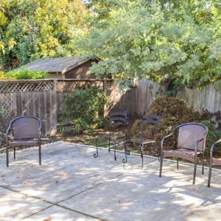 A peaceful backyard patio with outdoor chairs surrounded by trees and a wooden fence.