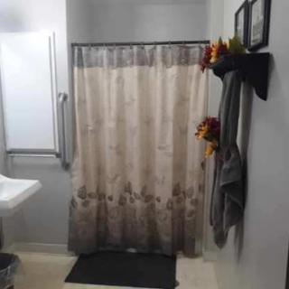 A neatly organized bathroom featuring a shower curtain, sink, and decorative elements.