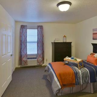 A cozy bedroom with a single bed, dresser, and decorative accents.