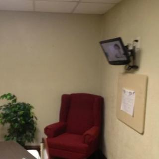 A waiting room with a red chair, wall-mounted television, and potted plant.