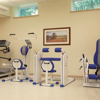 A well-equipped exercise area featuring various fitness machines in blue and white.
