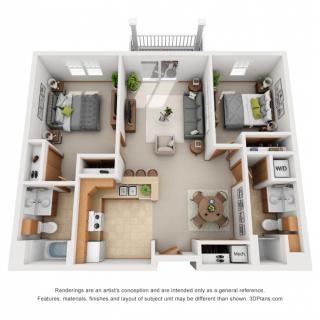 A 3D rendered floor plan of a two-bedroom apartment featuring a spacious living area, kitchen, and bathrooms.