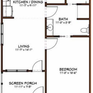A simple floor plan showing the layout of a house with room dimensions for kitchen/dining, living area, bedroom, bath, and screen porch.